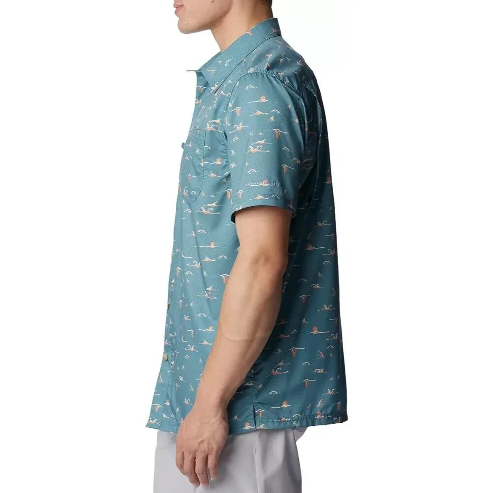 Columbia Mens PFG Super Slack Tide Short Sleeve Shirt Teal Tailfins Print Medium